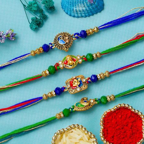 Religious Ganesha and Peacock Designer Rakhis with Roli Chawal Pack | Rakhi for Brother Bhaiya Bhai Bhabhi Kids (eCraftIndia) Set of 4