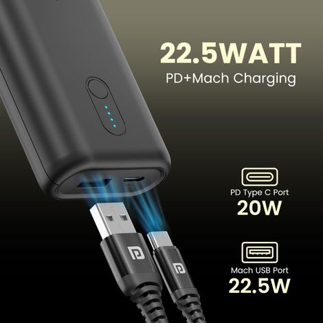 Portronics Power Pod 10K, 10000 mAh 22.5W Max Output Power Bank - Black
