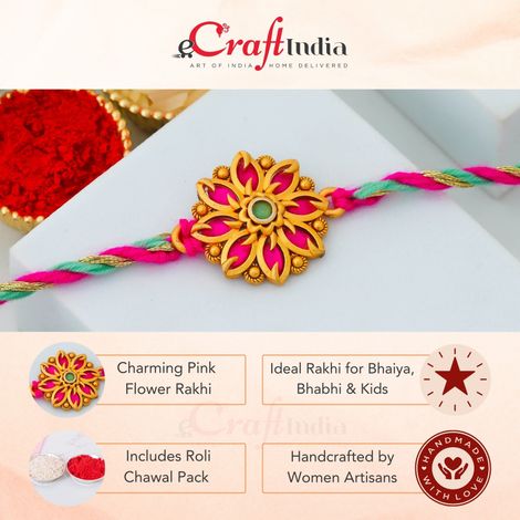 Floral Pink Flower Designer Rakhi for Bhaiya, Bhai, Bhabhi and Kids with Roli Chawal Pack (eCraftIndia)