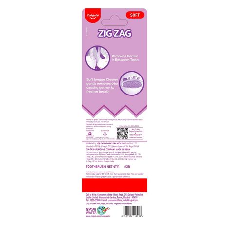 Colgate ZigZag Soft Bristle Toothbrush, Compact Brush Head for Deep & Complete Cleansing