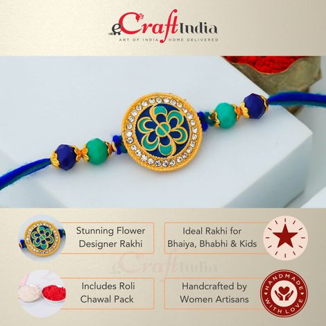 Floral Flower Designer Rakhi for Bhaiya, Bhai, Bhabhi and Kids with Roli Chawal Pack (eCraftIndia)