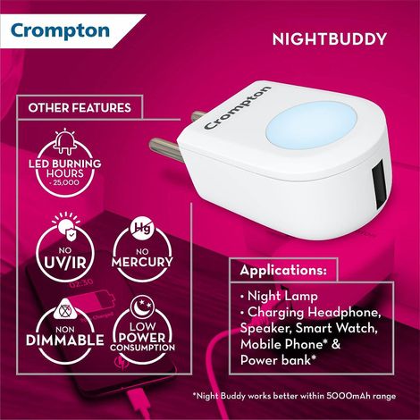 Crompton Night Buddy 0.5 Watt Night Lamp With Usb Charging Adapter Port (Warm White)