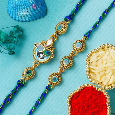 Peacock Beautiful Feather Designer Rakhis with Roli Chawal Pack | For Brother, Bhaiya, Bhai, Bhabhi, and Kids (eCraftIndia) Set of 2