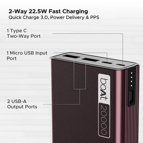 boAt 20000 mAh Power Bank w/ 2-Way 22.5W Fast Charging & Smart Power Management - PB400 (Burgundy)
