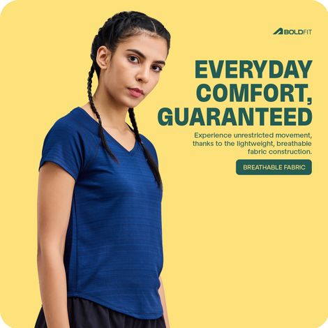 Boldfit Women's Gym T-shirt V Neck Quick Dry Active Wear Anti Odor | Navy - M