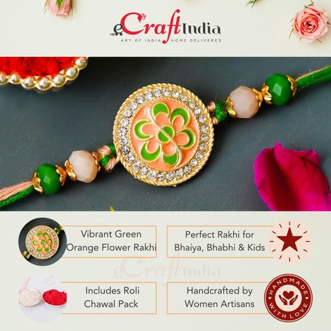 Floral Green Orange Flower Designer Rakhi for Bhaiya, Bhai, Bhabhi and Kids with Roli Chawal Pack (eCraftIndia)