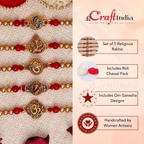 Religious Red & Golden Om Symbol and Lord Ganesha Designer Rakhis & Roli Chawal Pack (eCraftIndia) Set of 5
