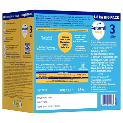 Aptamil Gold Infant Formula Milk Powder For Babies - Stage 3 | 12-24 Months | 1.2 Kgs - Large Pack