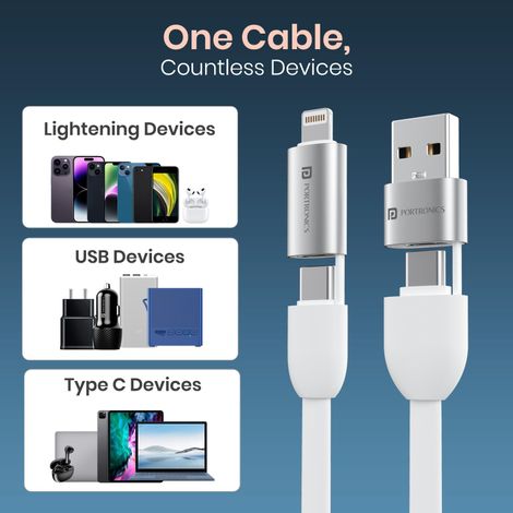 Portronics Keylink 4 in 1 Multifunctional Fast Charging Cable with In Built Keychain | White