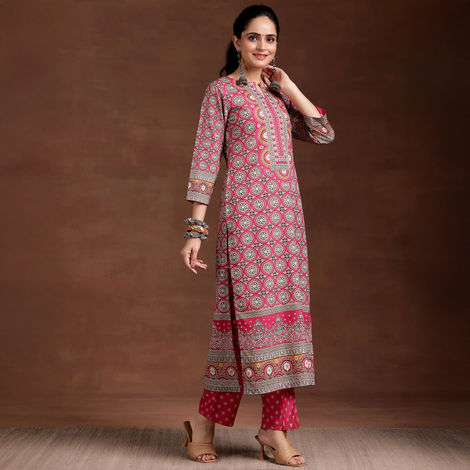 Libas Women's Ethnic Motif Printed Straight Crepe Kurta | 29244O | Pink - L