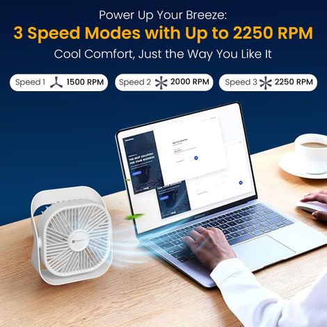 Portronics CoolCube Mini 2-in-1 Desktop & Wall Fan with 2000 mAh Battery | Type-C Charging | White