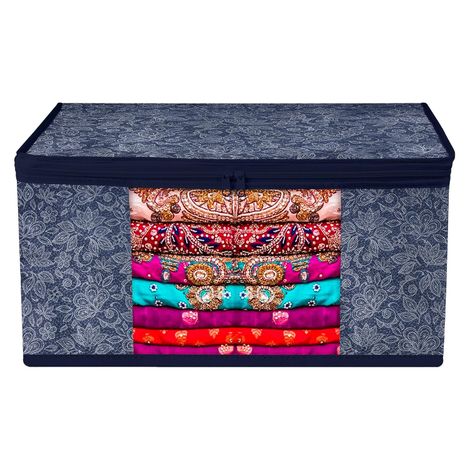 Kuber Industries Flower Printed Saree Storage Bag with Visible Window|9 Inch|Pack of 6|Navy Blue