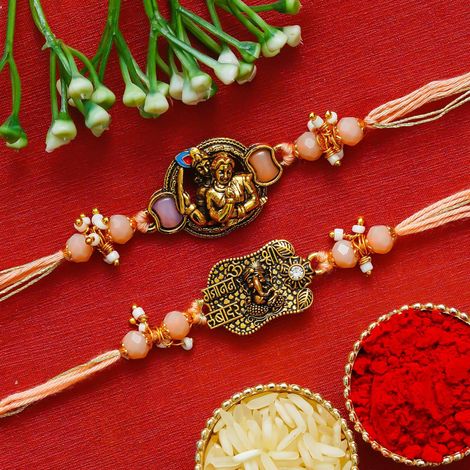Religious Radha Krishna & Ganesha Rakhis with Roli Chawal Pack | Rakhi for Brother Bhaiya Bhai Bhabhi Kids (eCraftIndia) Set of 2