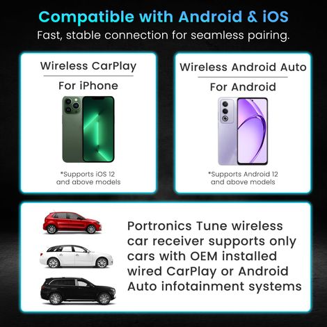 Portronics Tune Wireless Car Receiver, Converts Wired Auto Android & CarPlay to Wireless | Black