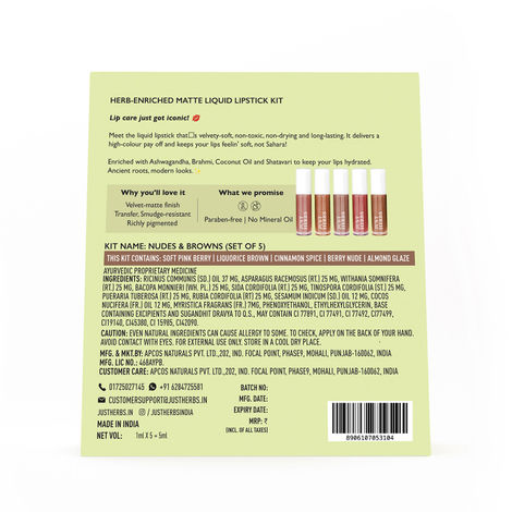 Just Herbs Enriched Liquid Lipstick Kit | Set Of 5 | Nudes And Browns