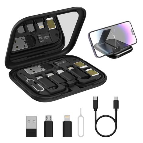 Portronics Snapcase 60W Multifunctional Fast Charging Data Cable Kit, Conversion Set USB A & Type C to Male Micro/Type C/Lightning,Data Transfer,Sim Storage,Sim Eject Pin,Pocket Mirror,Phone Holder - Black