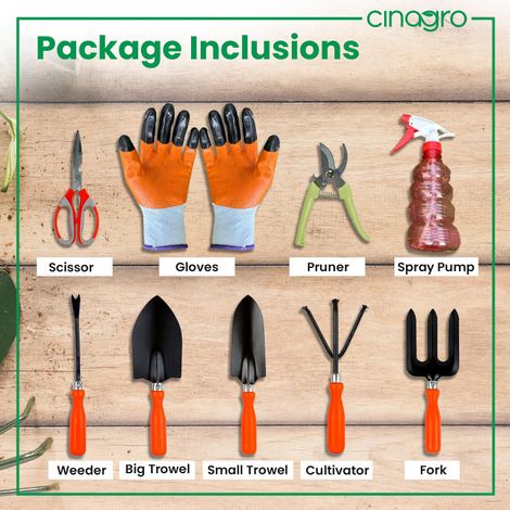 Cinagro Garden Tools- 9 Pcs, Weeder, 2 Trowels, Hand Fork, Cultivator, Scissor, Pruner,Glove, Spray