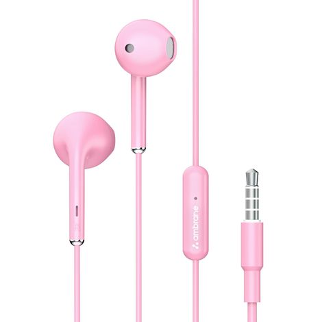 Ambrane Stringz 38 Lite Wired Headphones in Ear Earphones with in-Line Mic for Clear Calling, 14Mm Dynamic Drivers for Boostedbass, 3.5Mm Jack, Multi-Functional Controller - Pink