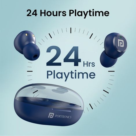 Portronics Harmonics Twins S13 in Ear TWS Earbuds with Mic, 24H Playtime, Game/Music Mode, Touch Control, 8mm Driver, Bluetooth 5.3v,IPX5 Water Resistance, Type C Fast Charging - Blue