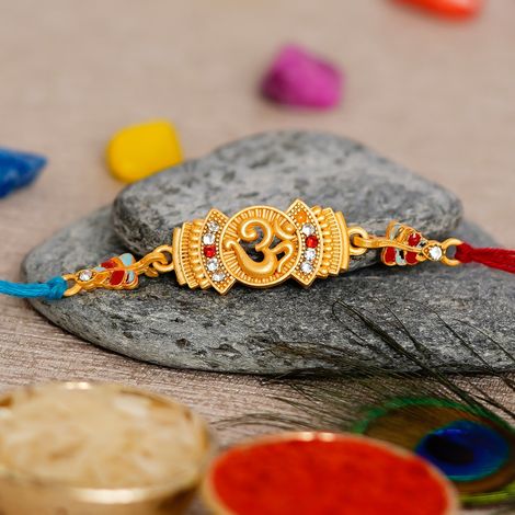 Religious Blue, Golden, Red Designer Om Symbol Rakhi & Roli Chawal Pack (eCraftIndia)