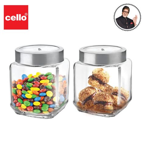 Cello Qube Fresh Glass Storage Jar Container With Air Tight Silver Metal Lid Multipurpose Jar Clear