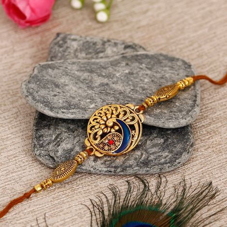 Peacock Golden Designer Rakhi & Roli Chawal Pack (eCraftIndia)