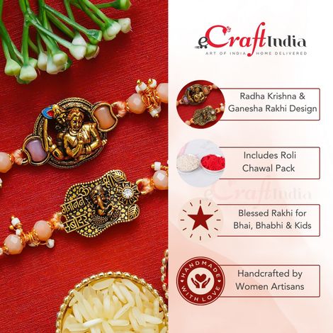 Religious Radha Krishna & Ganesha Rakhis with Roli Chawal Pack | Rakhi for Brother Bhaiya Bhai Bhabhi Kids (eCraftIndia) Set of 2