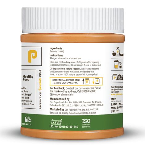 Pintola All Natural Peanut Butter, Extra Crunchy, Unsweetened, 30g Protein, Vegan, Gluten Free