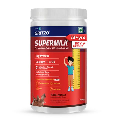 Gritzo Supermilk Height+ (8-12Y Boys), 10G Protein (Double Chocolate) (400g) & Gritzo Supermilk Height+ (13+ Boys), 13G Protein (Double Chocolate) (400g) Combo