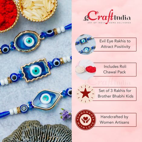 Evil Eye Floral Rakhis for Bhaiya, Bhai, Bhabhi and Kids with Roli Chawal Pack (eCraftIndia) Set of 3