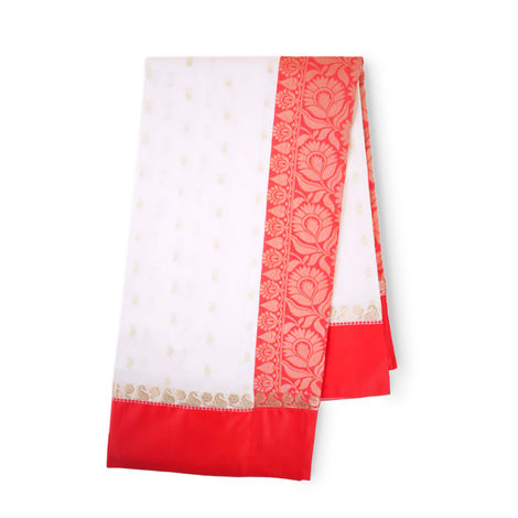 India Silk Emporium Banarasi Silk Saree | White With Red Border - Style 1