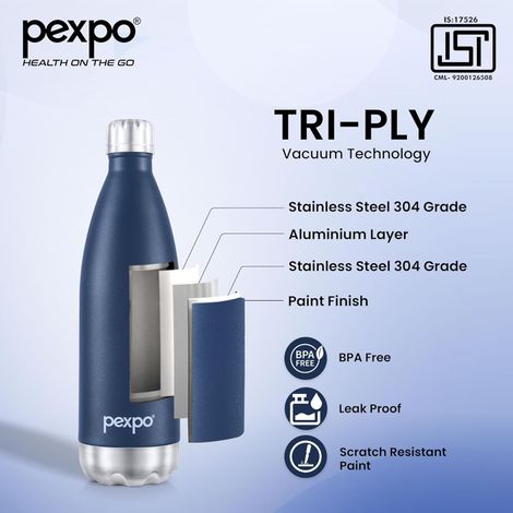 Pexpo Electro 24 Hrs Hot & Cold Isi Certified Flask Stainless Steel Water Bottle - 750 ml | Denim Blue