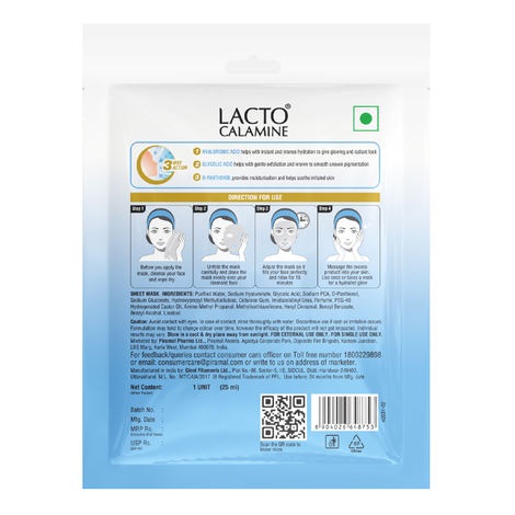 Lacto Calamine Hyaluronic Acid Face Sheet Mask for Intense Hydration, Refreshing, Plumpy & Dewy Skin