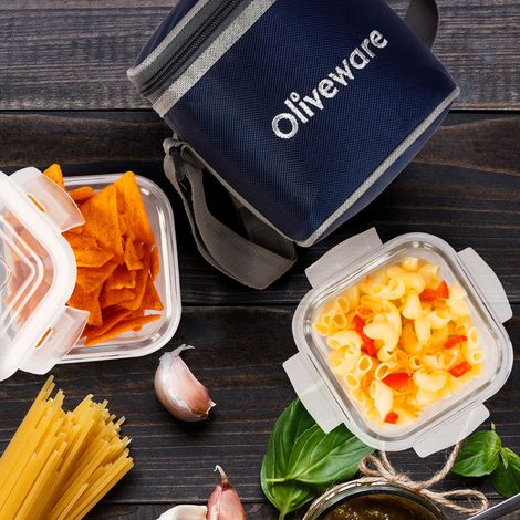 Oliveware Deluxe Glassware Lunchbox, 2 Borosilicate Glass, Microwave Safe & Leak Proof - Blue