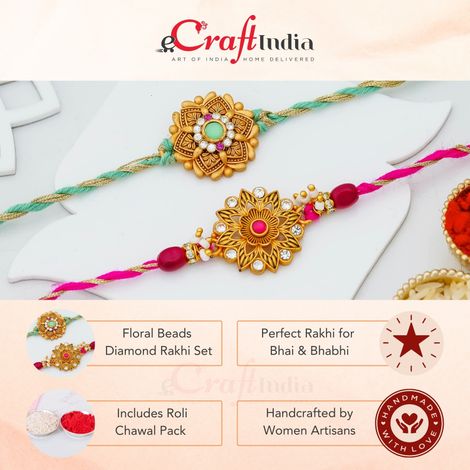 Floral Beads Diamond Rakhi for Brother and Bhabhi with Roli Chawal Pack (eCraftIndia) Set of 2