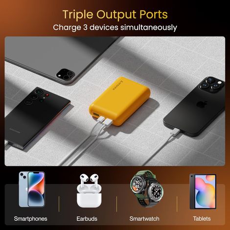 Ambrane 20000 mAh Mini Power Bank With 22.5W Fast Charging, Triple Output Powerlit - Yellow