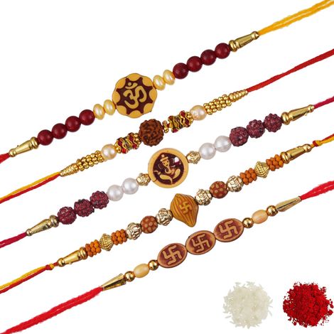 Religious Multicolor Om, Rudraksha, Swastik, Pearls, Ganesha Religious Designer Rakhis & Roli Chawal Pack (eCraftIndia) Set of 5
