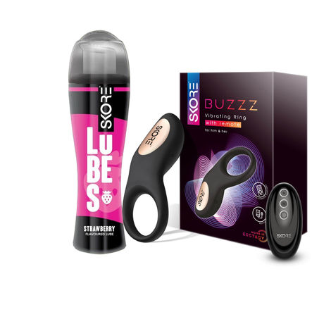Skore Lubes - Strawberry Flavour (50ml) & Skore Vibrating Ring - Buzzz With Remote For Him And Her (1pc) Combo