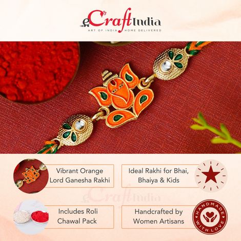Religious Orange Lord Ganesha Raksha Bandhan Rakhi for Bhai Bhaiya Kids | Roli Chawal Pack (eCraftIndia)