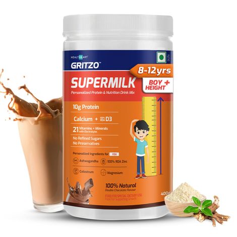 Gritzo Supermilk Height+ (8-12Y Boys), 10G Protein (Double Chocolate) (400g) & Gritzo Supermilk Height+ (13+ Boys), 13G Protein (Double Chocolate) (400g) Combo
