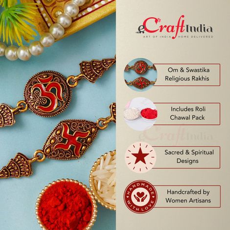 Religious Om and Swastika Symbol Religious Rakhis for Brothers & Roli Chawal Pack (eCraftIndia) Set of 2