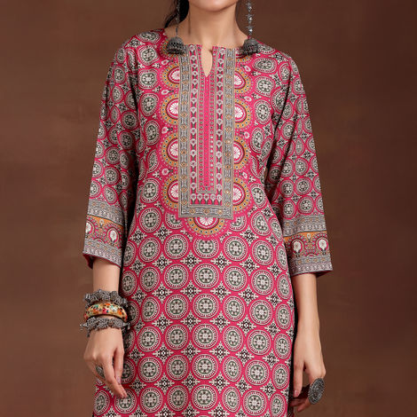 Libas Women's Ethnic Motif Printed Straight Crepe Kurta | 29244O | Pink - L
