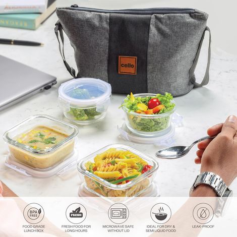 Cello Glassy Mix Lunch Box | Microwavable Borosilicate Glass | 2 x 320 ml and 2 x 240 ml