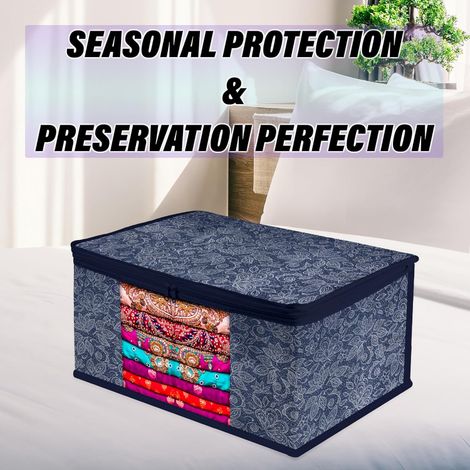 Kuber Industries Flower Printed Saree Storage Bag with Visible Window|9 Inch|Pack of 6|Navy Blue