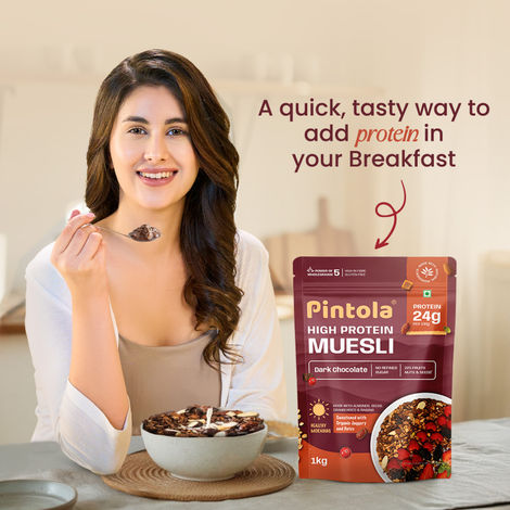 Pintola High Protein Muesli Dark Chocolate & Cranberry, 22G Protein, High Fibre, Trans Fat Free