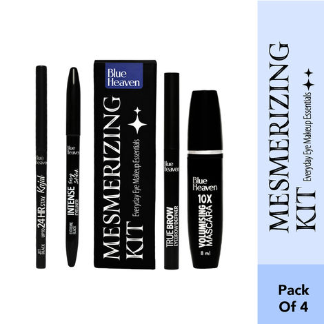 Blue Heaven Mesmerising Eye Kit Combo Pack Of 4 | Kajal, Mascara, Eyeliner & Brow Definer,0.6Gm+9Ml
