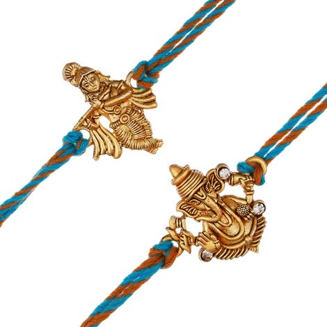 Religious Blue, Orange & Golden Religious Lord Krishna & Lord Ganesha Rakhis & Roli Chawal Pack (eCraftIndia) Set of 2