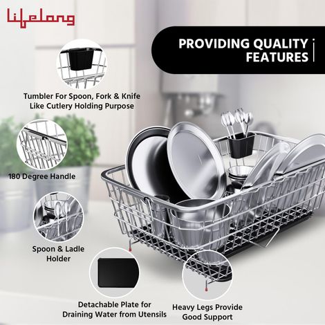 Lifelong Kitchen Organizer Stainless Steel Drying Rack Utensil Drainer Basket Sink Bartan Stand