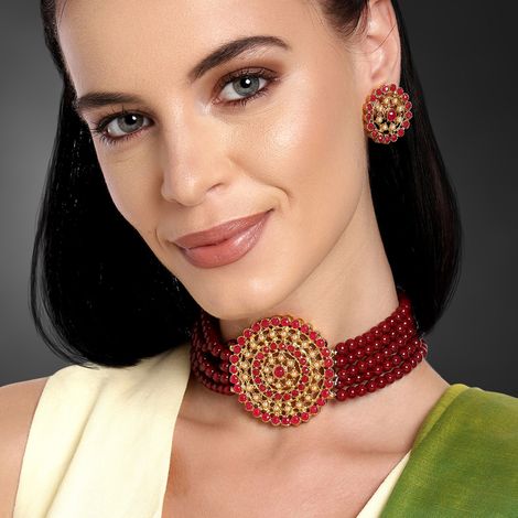 Peora Gold Plated Kundan Beads Choker Necklace with Round Earrings Traditional Jewellery Set