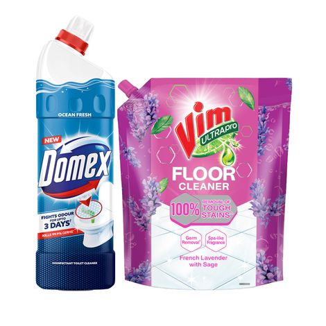 Domex Ocean Fresh Toilet Cleaner Liquid (1L) & Vim Lavendar Ultrapro Floor Cleaner | Pouch (1.8L) Combo 